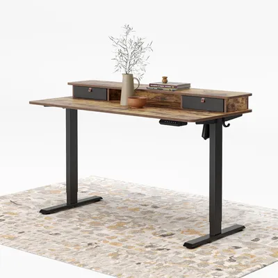 Image de Table de travail électrique, dimensions 140x60 cm, avec deux tiroirs, réglable en hauteur, noire/marron rustique