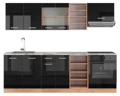 Obrázek produktu pro Kuchyňský kout Vicco R-Line Černý/zlatý dub s vysokým leskem 240 cm , PD Mramor, Model 43248