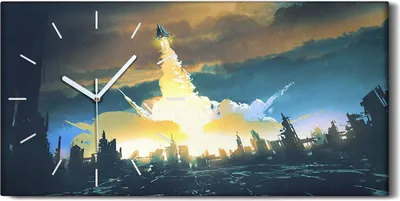 Produktbild von Dekor Leinwand Uhr Wandbilder Quarz 60x30 Raketenstart von der Erde gestartet - weiße Hände