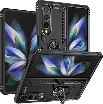 Immagine prodotto di Custodia per Samsung Galaxy Z Fold 4 5G a doppio strato robusta, protezione militare con supporto ad anello e supporto nero