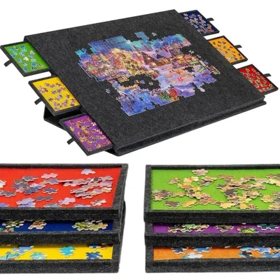 Produktbild von Faltbares Puzzlebrett mit 6 farbigen Schubladen, Puzzletisch für Erwachsene, superleichtes Filzpuzzle mit Abdeckung, Aufbewahrung für 1000 Puzzleteile