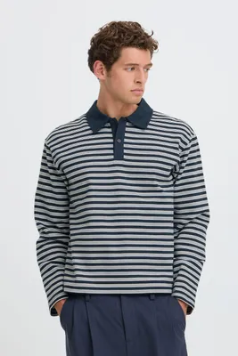 Zdjęcie produktu dla CASUAL FRIDAY: Wygodna bluza z kapturem, kołnierzyk typu polo, zapinana na guziki, w paski. Rozmiar: XL