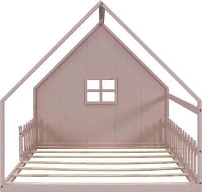 Produktbild von Flieks Kinderbett Hausbett 140x200cm mit Rausfallschutz, Bodenbett Doppelbett mit Lattenrost, Holzbett Spielbett, Bodenbett für Kinderzimmer, Rosa