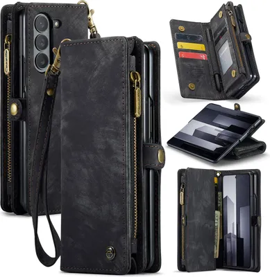 Produktbild von Schutzhülle für Samsung Galaxy Z Fold 6, Vintage Multifunktions Lederhülle, Kartenfächer, Reißverschluss Hülle Schwarz
