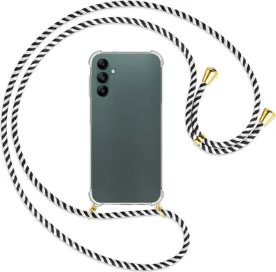Produktbild von Handykette Backcover-Schutzhülle mit Band (Metall goldfarben) für Samsung Galaxy A14 5G - schwarz/weiß gestreift