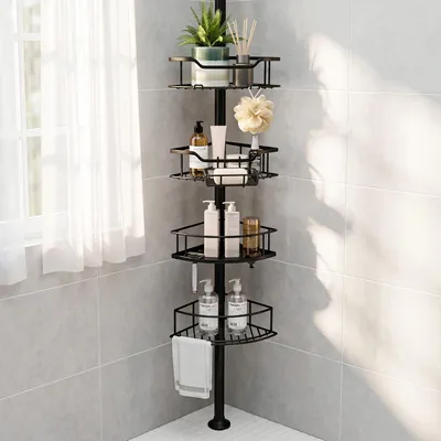 Immagine prodotto di Scaffale doccia senza foratura, da 81 a 312 cm, con 4 ripiani, in acciaio inossidabile, colore nero, per bagno