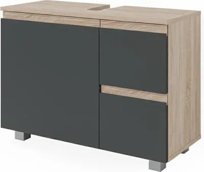 A modern bathroom vanity cabinet with a two-tone design.