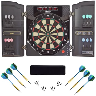 Produktbild von Best Sporting Dart Set Oxford 2.0 mit 18 Dartpfeilen/Ersatzspitzen & Etui I Dartscheibe elektronisch im hochwertigen Set I elektronische Dartscheibe mit Zubehör I Dart Kabinett mit Zubehör