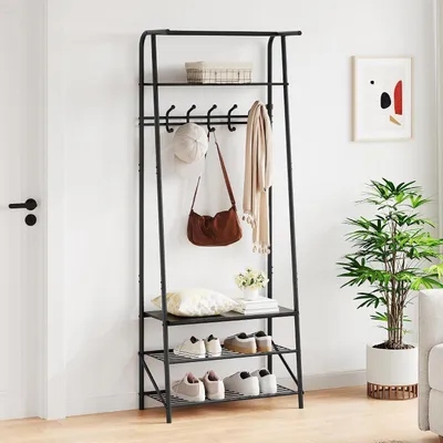 Produktbild von Garderobe mit Sitzbank 4-in-1, Schuhregal, Kleiderstange, Schwarz