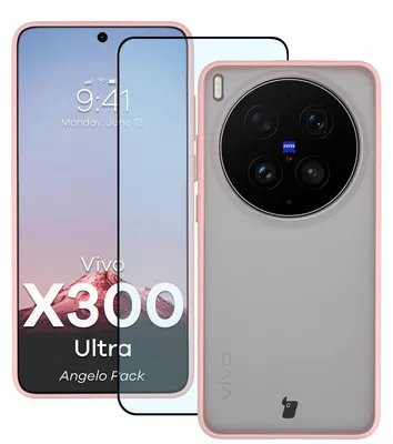 Produktbild von Schutzhülle + gehärtetem Glas für Vivo X300 Ultra, Bizon Angelo Pack, Semitransparent mit hellrosem Rahmen