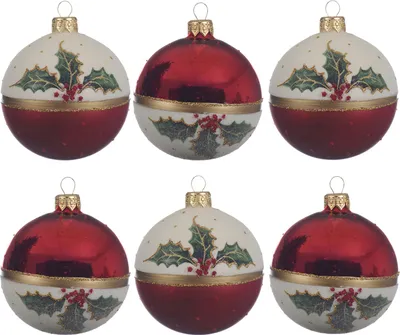Produktbild von Weihnachtskugeln Glas mit Motiv Mistelzweige 8cm rot / weiß, 6er Set