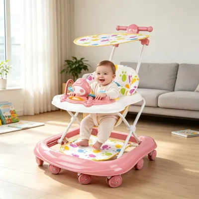Produktbild von 4in1 Lauflernhilfe Babywalker Kinderwagen Babywippe mit Spielset und Musik,Faltbarer Lauflernwagen mit Schiebegriff für ab 6 Monaten Rosa