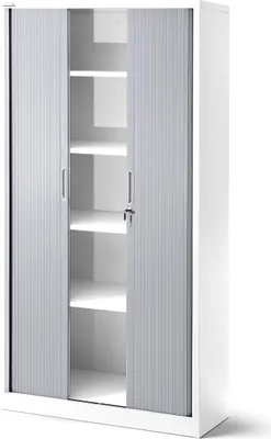A white and gray filing cabinet with rolling doors and shelves.
