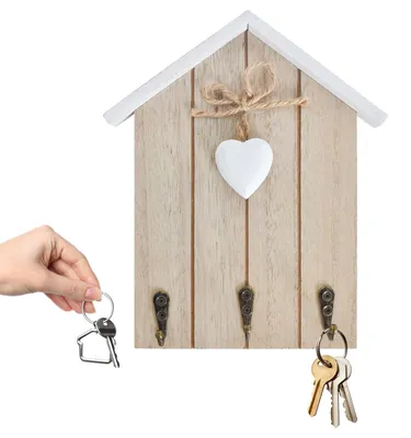 Productafbeelding van Wandhaak voor sleutels, sleutelhanger in de vorm van een huis, wandplankje voor sleutels, houten sleutelhanger met 3 haken, voor decoratie in de woonkamer.