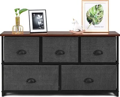 Produktbild von GOPLUS Stoff Schubladenschrank, Kommode mit Körben, Sideboard mit 5 Schubladen, Korbregal mit Robuster Metallrahmen, Abnehmbare Stoffschubladen