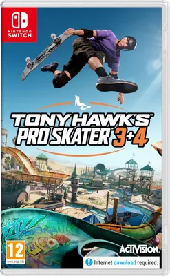 The image is a product packaging for the Nintendo Switch game 'Tony Hawk's Pro Skater 3+4'. It features a skateboarder in mid-air performing a trick against a sky background, with a skatepark environment depicted below. The game title and Activision logo a