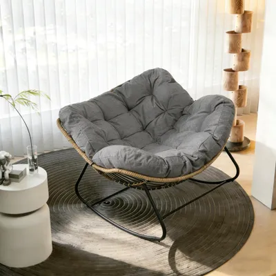 Produktbild von Schaukelsessel Extra groß Rattanstuhl Relaxstuhl mit Stahlrahmen Bis 170kg, Dicke Kissen Balkon Garten Wohnzimmer Schlafzimmer, Grau