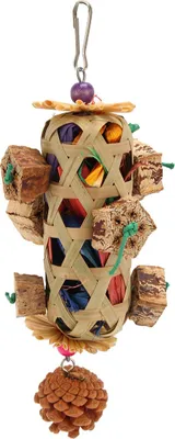 Produktbild von Kauspielzeug für Papageien zur Futtersuche, geflochtener Bambuskorb, bissfest, Kauspielzeug für Vögel und Papageien mit Tannenzapfen für Vogelkäfig