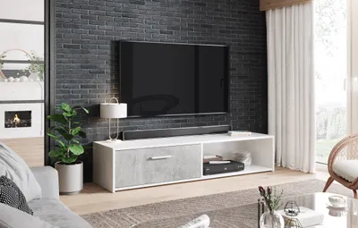 Zdjęcie produktu dla 3xEliving - Szafka pod telewizor AJSZA w kolorze białym i betonowym, 140 cm, 3 opcje kolorystyczne