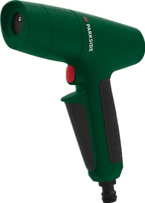A green and gray cleaning spray gun with a red button, shown against a white background.