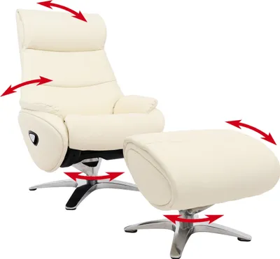 Produktbild von Relaxsessel mit Hocker HWC-K98, Fernsehsessel Sessel, Liegefunktion drehbar, Metall Echtleder/Kunstleder creme-weiß