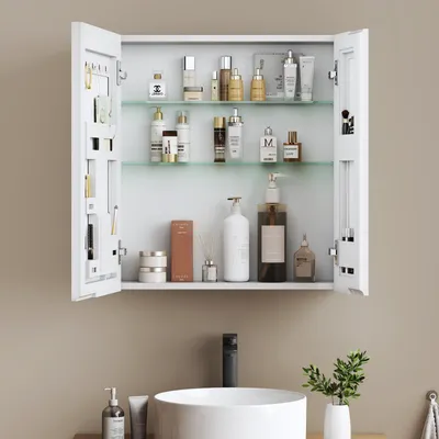 Produktbild von EMKE Spiegelschrank Mattweiß Doppeltür 65x50x14,5 cmWandmontage mit Aufbewahrung & Verstellbarem Stahlglas Rega Ideal für Badezimmer Organisation