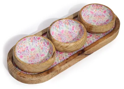 Imagen del producto de Bandeja de Madera de Mango con 3 Cuencos - Floral