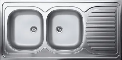 A top-down view of a stainless steel double kitchen sink with a drainboard.