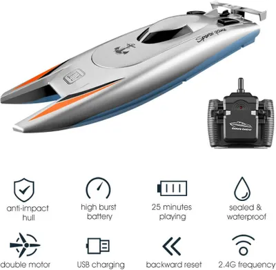Produktbild von Ferngesteuerte Schiffe Rennboot RC-Boote für Kinder Erwachsene 25 km / h Hochgeschwindigkeits-Rennboot 2-Kanal-Fernbedienungsboote für Pools（Silber）