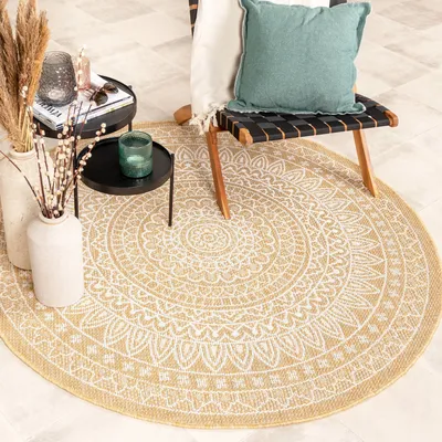 Produktbild von In- & Outdoor Teppich Rund - Summer Azteca Gelb - Ø 180cm - Boho, Ländlich, Modern - Balkon, Garten / Terrasse -  FRAAI | Home & Living