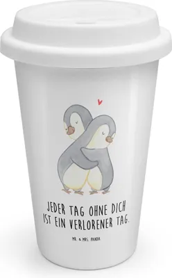 Produktbild von Mr. & Mrs. Panda Mehrwegbecher Pinguine Kuscheln - Weiß - Geschenk, Valentinstag, für Frauen, Thermobecher, Freundin, Isolierbecher, ToGo Kaffeebecher, Hochzeitstag