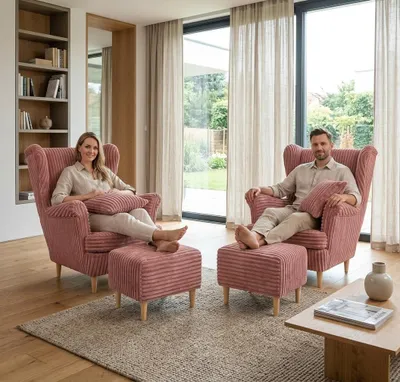 Produktbild von Ohrensessel-Set IDYLLA – aus Breitripp-Cord, Cord in Rosa, Family Meble, KI-generiertes Bild