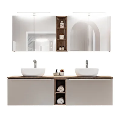 Produktbild von Badmöbel 180cm Waschtisch Set PUEBLA-56-TAUPE  in taupe mit Vintage Oak Eiche, 2 Spiegelschränke, B/H/T 180,4/200/46 cm
