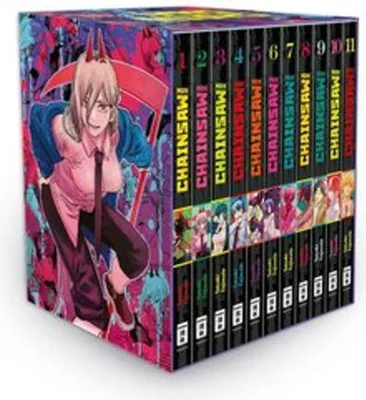 A box set of Chainsaw Man manga volumes.