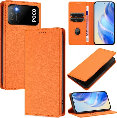 Produktbild von Litchi Leder Handyhülle für Xiaomi Poco M3/Redmi 9T Wallet Kartenfächer Standfunktion Hülle Orange