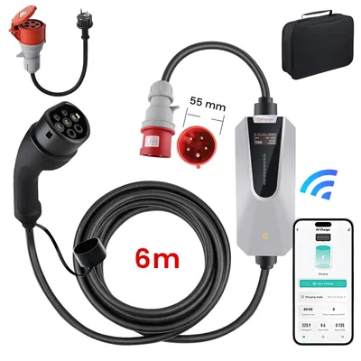Produktbild von Hexinex Typ2 EV Tragbares E-Auto Ladekabel 11 kW 3-Phasig 16A 6m Ladekabel App-Steuerung CEE Stecker Inklusive Aufbewahrungstasche LCD-Bildschirm