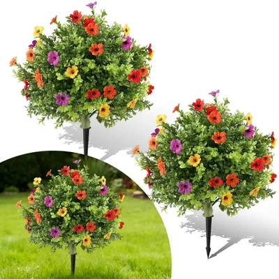 Image de Lot de 2 topiaires en forme de boule de buis - Fleurs artificielles - Résistantes aux UV - Pour l'extérieur - Polyester - Blanc laiteux