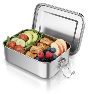 Produktbild von Arendo Lunchbox für Kinder und Erwachsene, Edelstahl, Brotdose 800 ml mit Fächern, 2 Trennstege, 2 Silikondichtungen, auslaufsicher, entnehmbare Trennstege, Dichtung, lebensmittelecht