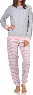 Produktbild von Damen Frottee Pyjama langarm mit Bündchen und niedlicher Pinguin Stickerei - 291 13 779 ; grau-melange , 40