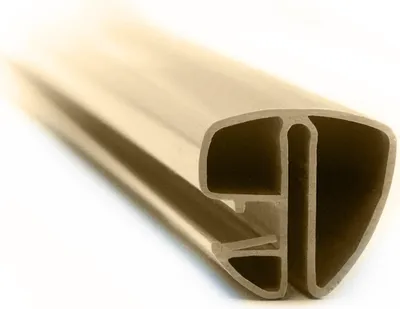 A close-up, angled view of a beige-colored plastic profile, likely a handrail or edge trim, against a white background.