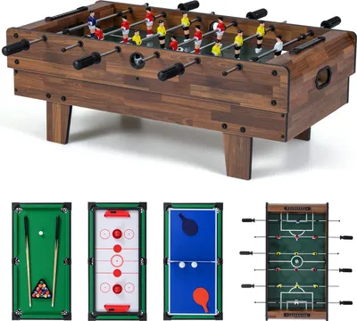 Obrázok produktu pre COSTWAY 4 v 1 hrací stôl, stolný futbal, biliard, vzdušný hokej a stolný tenis, multifunkčný drevený stôl, stolný futbal, stolný futbal pre deti a dospelých