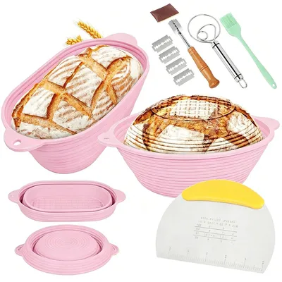 Produktbild von Brot Gärkörbchen Set Silikon, rund & oval, faltbar, mit Zubehör, hitzebeständig, für Sauerteig & Brotbacken, leicht zu reinigen