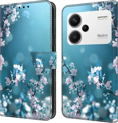Produktbild von CLM-Tech Handyhülle kompatibel mit Xiaomi Redmi Note 13 Pro+ 5G / Redmi Note 13 Pro Plus 5G Hülle - Tasche aus Kunstleder - Klapphülle mit Ständer und Kartenfächern - Schutzhülle Wallet Case Cover Pflaumenblüte blau