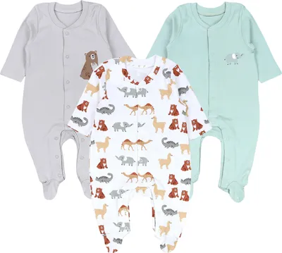 Produktbild von TupTam Baby Jungen Schlafstrampler Langarm Strampler Schlafanzug mit Fuß 3er Pack, Farbe: Weiß Grau Beige Elefant Bär, Größe: 86