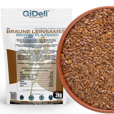 Immagine prodotto di Semi di lino marroni, 2 kg, semi interi, vegano, naturale, ricco di fibre, ideale per la panificazione. GiDeli