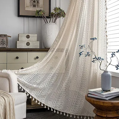 Produktbild von Vintage-Vorhänge – Set aus 2 Voile-Gardinen – Boho-Stil – Makramee – Beige – Für Wohnzimmer – Schlafzimmer