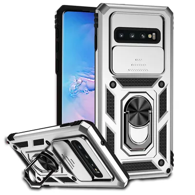 Immagine prodotto di Custodia per Samsung Galaxy S10 Plus a doppio strato con copertura scorrevole della fotocamera e supporto ad anello Argento