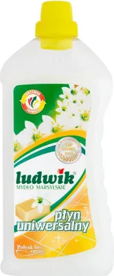 A bottle of cleaning liquid with a label showing flowers and product information.