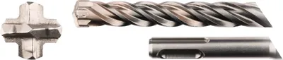 Three views of a hammer drill bit on a white background.