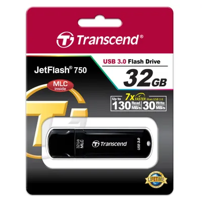 Produktbild von Transcend JetFlash 750, 32GB, 32 GB, USB Typ-A, 3.2 Gen 1 (3.1 Gen 1), 130 MB/s, Kappe, Schwarz